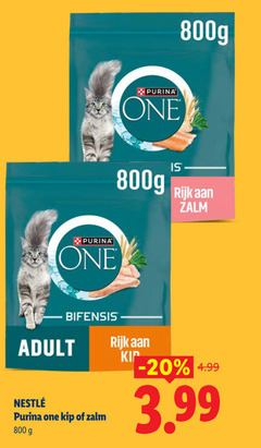  one kattenvoer 800g purina rijk zalm bifensis adult kip 3.99 