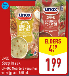  unox soep romige mosterd hartige spekjes zachte room fijngesneden peterselie zak meerdere ml kruidige tomaten zongedroogde tomaat basilicum scheutje olijfolie elders rijk 