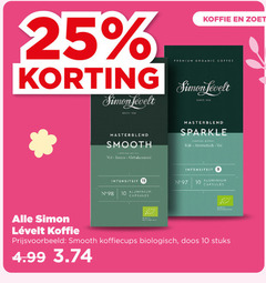  simon levelt koffiebonen koffiecups koffie 10 11 25 zoet premium organic coffee smooth notes sparkle cupping aromatisch intensiteit aluminium capsules biologisch doos stuks 