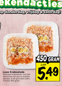  salade 450 vrijdag zaterdag luxe krabsalade garnering grove stukken garnaal ei gerookte zalm schotel 5.99 