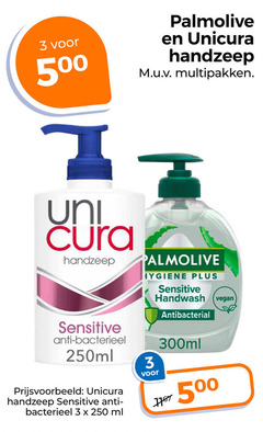  unicura palmolive handzeep 3 250 500 multipakken uni cura hygiene sensitive handwash antibacterial anti bacterieel 250ml ml 300ml 