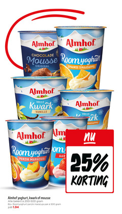  almhof vruchtenyoghurt 25 500 mousse original room yoghurt spaanse sinaasappel volle kwark vanille verrukt ark perzik maracuja bekers roomyoghurt pak 