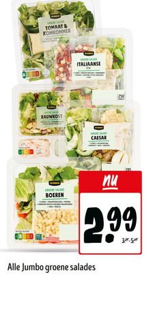  salade 250 jumbo groene tomaat komkommer krulsla mosterd nutri score italiaanse stijl kruidige dressing paprika croutons pitten kaas rauwkost gemengde sla komkommersalade wortel selderij preisalade caesar slamix caesardressing gekookt ei boeren yoghurtdressing spekjes rozijnen rode ui beter leven salades 