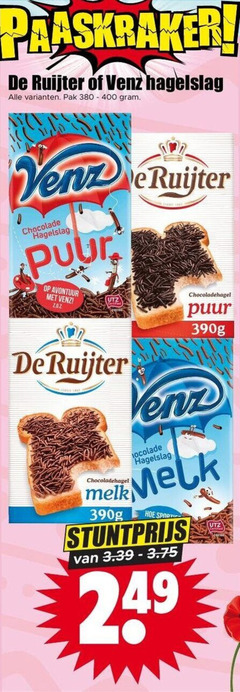  de ruijter venz hagelslag 400 paaskraker pak chocolade puur avontuur chocoladehagel 390g melk 