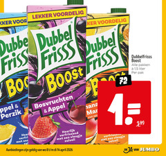  dubbelfrisss fruitdrank 8 14 dubbel frisss boost perzik heer verfrisser bosvruchten appel verfrissend vleugje zuivel nana pakken 1 5 liter pak jumbo 