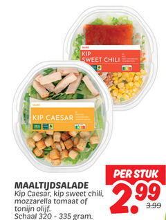  maaltijdsalade 320 335 salade kip sweet chili caesar croutons caesardressing aardappelpartjes mozzarella tomaat tonijn olijf schaal stuk 3.99 