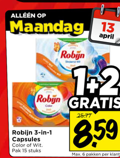  robijn wasmiddel 1 2 3 6 13 15 maandag color capsules wit pak stuks pakken 