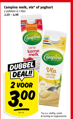  campina yoghurt vla melk 1 2 pakken liter verse dubbel deal volle vanille m.u.v vlaflip zacht luchtig slagroomvla 