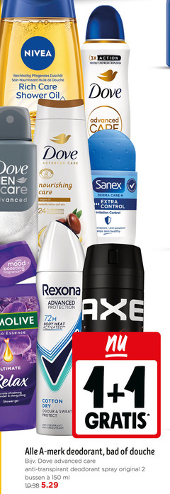  axe dove sanex nivea douchegel deodorant 1 2 24 150 nourrissant huile douche care shower oil 3x action protect refresh advanced men tested nourishing argan instantly lotion soft skin hr derma control irritation with mood boosting fragrance rexona protection 72h essence ultimate relax calming gel body heat cotton dry odour sweat anti anti-perspirant transpirant healthy merk bad spray original bussen ml 