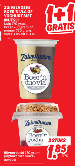  zuivelhoeve vruchtenyoghurt vla 1 450 750 yoghurt muesli kuip beker emmer duo vanille chocolade 2stuks aardbei 