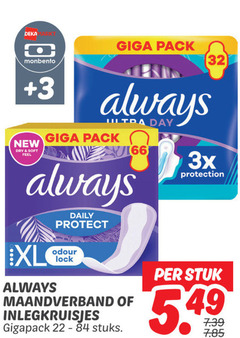  always maandverband inlegkruisjes monbento giga pack deka 3 new dry soft feel ultra day 3x daily protect protection odour lock gigapack stuks stuk 