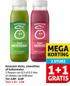  1 2 innocent with vitamins super smoothie green antioxidant kiwi cucumber apple sugar berry energise strawberry guarana shots smoothies kokoswater flessen liter shotjes mega stuks 