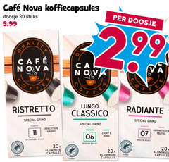  cafe nova koffiecups 11 20 mcafee koffiecapsules doosje stuks 5.99 quality ristretto coffee grind sterkte dark kruidig 20x aluminium capsules lungo classico 06 medium roast zacht rond aromatisch fruitig 