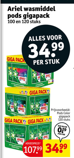  ariel wasmiddel 7 100 120 gigapack stuks giga pack 34 99 stuk action 2x dagen lang impeccable color pod 