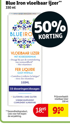  33 330 950 blue iron vloeibaar ijzer ml bosbessensmaak draagt vermindering vitaminen liquide myrtille la fatigue avec des vitamines 330ml doseringen glutenvrij sans gluten voedingssupplement gezondheidsproduct lees 