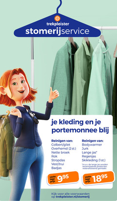  1 2 trekpleister kleding portemonnee reinigen colbert gilet bodywarmer overhemd jurk broek rok stropdas vest trui badjas vaste lage lange jas regenjas m.u.v waterafstotend gemaakt trekpleister.nl stomerij 