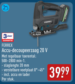  1 3 20 ferrex power jaar accu decoupeerzaag regelbaar toerental min slaglengte mm verstelbare voetplaat lader stuk 