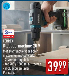  1 20 ferrex 3jaar 02 klopboormachine slagfunctie boren steen metselwerk -2 400 min toeren accu lader stuk 