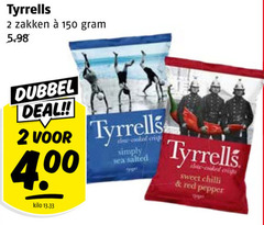  tyrells chips 2 150 tyrrells zakken dubbel deal kilo cooked crisp simply sea salted crisps sweet chilli red pepper 