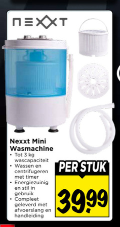  3 nexxt mini wasmachine wascapaciteit wassen centrifugeren timer energiezuinig stil gebruik afvoerslang handleiding stuk 