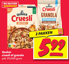  quaker cruesli 2 10 multifruit granola zero sugar pecan brazil nuts pak 450 pakken 