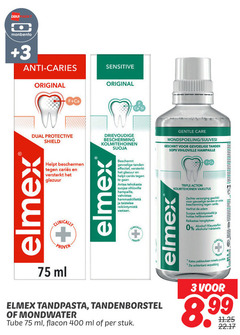  elmex tandenborstel tandpasta mondwater 1 3 400 deka monbento anti caries sensitive original dual protective shield bescherming beschermen versterkt glazuur clinically proven ml beschermt gevoelige tanden effectief gentle care mondspoeling triple action zachte verzorging adem alcohol kleurstoffen achterkant tube flacon stuk 