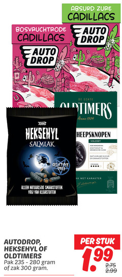  autodrop oldtimers drop snoep 100 300 bosvruchtrode zure cadillacs auto toms salmiak anno volzoet ingredienten zoethout arabische gelatine vrij natuurlijke kleur smaakstoffen kleurstoffen karakter heksehyl pak zak stuk 