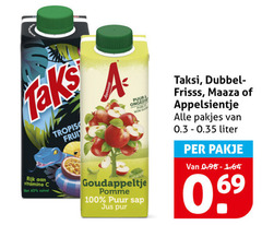  dubbelfrisss maaza taksi appelsientje fruitdrank 40 100 rijk vitamine goudappeltje pomme puur sap jus pur dubbel frisss liter pakje 