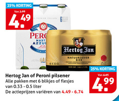  hertog jan speciaalbieren blikjes bier 1 4 6 25 33 99 5.99 premium italiana qualita italia natuurzuiver traditioneel water granen hopsoorten peroni pilsener pakken liter varieeren 
