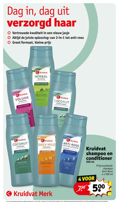  kruidvat huismerk shampoo conditioner 1 2 4 15 25 33 50 500 dag haar vertrouwde jasje anti roos formaat kleine herbal shampooing normaal vet cheveux gras volume fijn futloos fins hoofdhuid aide le kruidenextracten extraits coconut haartypen tous types exotique coco daily mild exotische fragrance noix pro vitamine usage verminderen la gember ml merk 2e halve artikel combinatie 