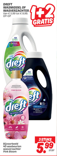  dreft wasverzachter wasmiddel 3 40 5.99 2 new formula with fibers protect technology brilliant colours kleuren ultimate care smart adoucissant pink bloom protects improves boost capsules anti pilling dark black bescherming donkere protection des couleurs langdurig kleding recycled plastic wasbeurten stuks 