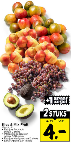  2 500 mix fruit eetrijpe avocado schaal stuks pitloze rode druiven mango elstar appels zak 1 5 kilo spaar zegel 2stuks 
