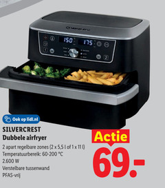 1 2 11 12 150 lidl.nl silvercrest dubbele airfryer regelbare zones 5 temperatuurbereik 60-200 verstelbare tussenwand vrij 