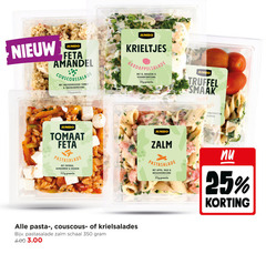  pastasalade maaltijdsalade 25 350 jumbo feta amandel couscoussalade halfgedroogde tomaat groente krieltjes aardappelsalade ei bieslook yoghurtdressing truffel paprika komkommer kruiden zalm appel dille pasta schaal 