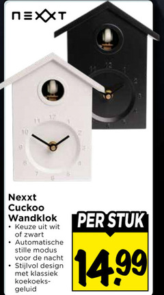  nexxt wandklok wit zwart automatische stille modus nacht design klassiek koekoeksklok geluid stuk 
