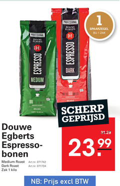  douwe egberts koffiebonen 1 100 zak professional espresso medium dark harmonious beans smooth mild arabica bonen roast kilo scherp geprijsd 