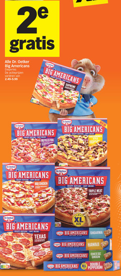  2 dr. oetker big americans diepvries varieeren dr.oetker crispy outside soft inside supreme and mozzarella with salami bbq pulled topped cooked marinated barbecue sauce new cheeseburger style nutri score chicken breast cheese triple meat pepperoni ham beef texas xl size dr shoarma hawaii onion double 