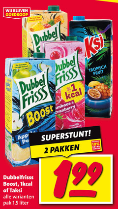  taksi dubbelfrisss fruitdrank 2 10 100 vleugje dubbel frisss cranberry booster boost pak 1 5 liter frissend pakken tropisch fruit 