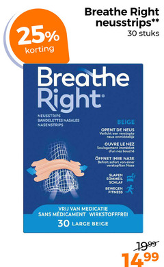  25 30 breathe right neusstrips stuks bandelettes nasales beige opent neus verlicht verstopte ouvre le nez soulagement bouchee sofort slapen bewegen fitness vrij medicatie sans large 