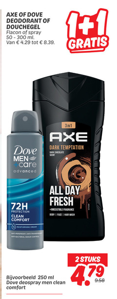  dove axe douchegel deodorant 1 2 250 flacon spray ml men care advanced dark temptation chocolate scent 72h protection clean comfort all day fresh irresistible fragrance body face hair wash moisturising cream anti anti-perspirant transpirant bacterial odour control deospray stuks 