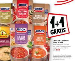  unox conimex soep 1 2 rij vezel rijkgevuld hollandse erwten katenspek rookworst since thaise kippensoep groenten zak klassieke tomaten grof gesneden courgette paprika gehaktballetjes vezels romige champignon ui bieslook eiwitten chinese lente mie bros zongedroogde tomaat mascarpone basilicum zakken ml aanschaf combinaties let combinatie 