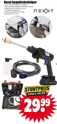  2 5 10 99 nexxt hogedrukreiniger druk bar watt rotaties minuut waterdoorvoer liter uur verstelbare spuitmond lengte aanzuigslang meter oplaadtijd ion code elders 
