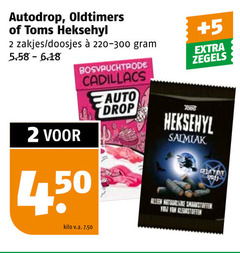  2 autodrop oldtimers toms heksehyl zakjes doosjes bosvruchtrode cadillacs 4 50 auto drop 5 zegels salmiak smaakstoffen vrij kleurstoffen kilo v.a. 