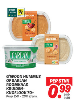 100 beter leven bescherming proef gwoon pit plantaardig hummus pikant garlan roomkaas fromage la knoflook kruiden smaken naturel kuip stuk 