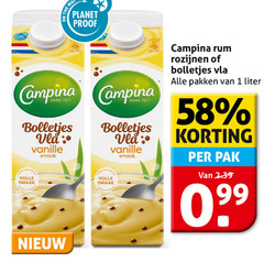  campina vla 1 planet proof bolletjes vanille volle rum rozijnen pakken liter pak 