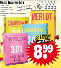  rose rode wijn witte 3 10 40 neon bag box chardonnay blanc tempranillo rosee merlot houdbaar dagen opening doos 8 99 liter sauvignon wine 
