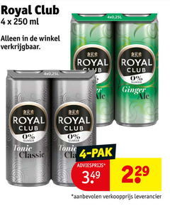  royal club frisdrank 4 250 ml suiker ginger tonic classic pak 