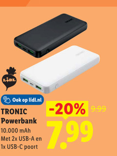 lidl ook op lidl.nl tronic powerbank 10.000 mah met 2x usb - a en 1x c poort -20   9.99 7.99 