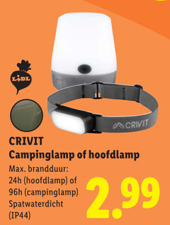  hoofdlamp campinglamp crivit brandduur spatwaterdicht 