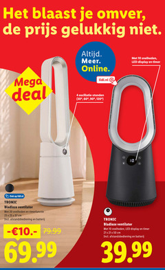  ventilator 4 10 20 25 30 50 60 90 120 blaast omver mega deal online oscillatie standen lidl.nl snelheden led display timer tronic bladloze timerfunctie cm afstandsbediening batterij 